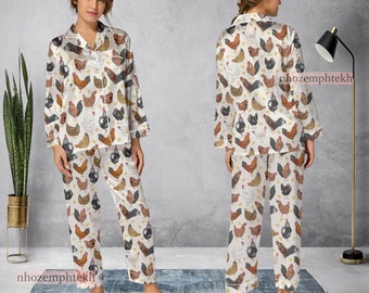 Vintage Chicken Pattern Pajamas Set, Chicken Pattern Pajamas Set, Holiday Pyjamas, Pajamas Pants, Women Pajamas, Sleepwear Pajama