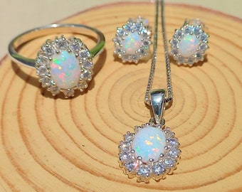 Opal set wedding sterling silver, Wedding White opal necklace, Sterling silver opal necklace dainty, Opal pendant, Rainbow opal, Opal Gift