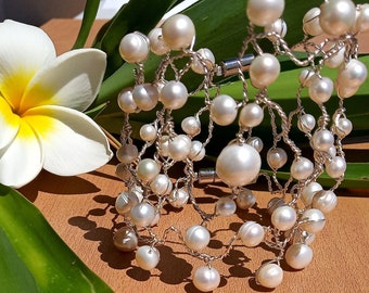 Freshwater Pearl Bracelet White Pearl Bracelet Wire Wrapped Silver Bracelet Elegant Jewelry Gift for Her