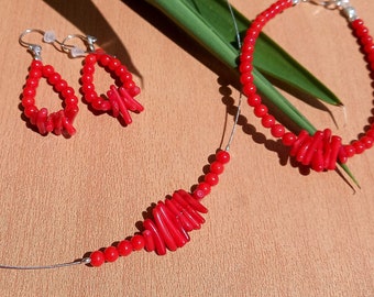 Genuine coral necklace set, Branch bracelet, Red coral silver, Mediterranean coral, Coral branch earrings, Silver, Handmade, Gift for her