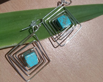 Turquoise earrings, Spiral earrings, Sterling Silver earrings, Gemstone, Turquoise long earrings, Handmade, Unique Gifts, Square earrings
