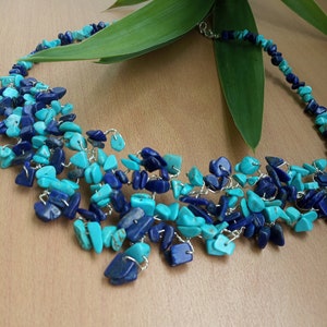 Türkis Kette, Lapislazuli Halskette, Heilkristalle, Silber, Rohkristall Schmuck, Jahrestag Geschenk, Handgemacht, Chunky, Handgewebt