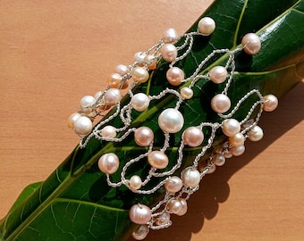 Pulsera de perlas de agua dulce, joyería envuelta en alambre, pulsera de puño, pulsera Corsage, regalos únicos, regalo de aniversario, perla rosa, hecho a mano, regalo