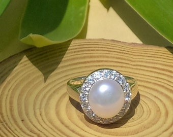White pearl ring, Freshwater white pearl ring, Genuine pearl ring, Pearl ring sterling silver, Pearl ring anniversary, Gift for her, Unique