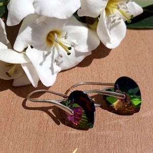 Iridescent earrings, Silver heart earrings, Sterling Silver, Swarovski earrings, 925 Silver, Heart earrings, Rainbow earrings, Unique Gifts