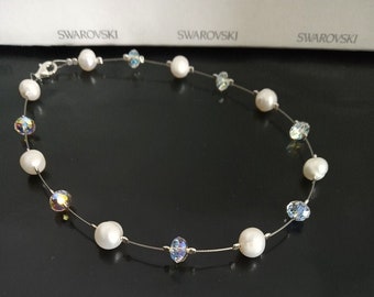 Pearl anklet, White anklet, Silver anklet, Pearl anklet silver, Iridescent jewelry, Swarovski crystals, Anklet bracelet, Bridal anklet, Gift