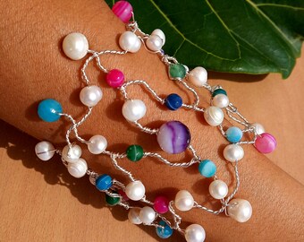 Pulsera de perlas de agua dulce, joyas envueltas en alambre, pulsera de puño de perla, pulsera Corsage, princesa, regalos únicos, regalo de aniversario, perla rosa