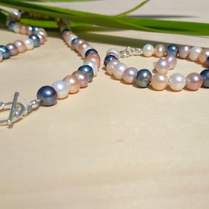 パールネックレス トグルクラスプ シルバー、パールネックレス マルチトーン、淡水パールネックレス スターリングシルバー、ミックスカラーパールネックレス、ギフト