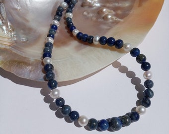 Lapis Lazuli necklace, Freshwater Pearls, Sterling Silver necklace, Anniversary gift, Gift for her, Gemstone handmade, Unique Gifts, Elegant