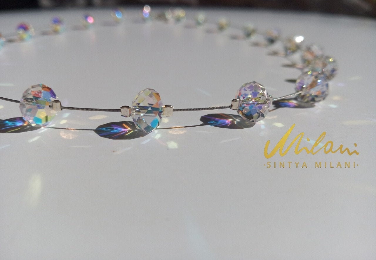 Aurora Borealis Swarovski Crystals, 925 Sterling Silver, Simple necklace, Bridal jewelry set, dainty, AB Crystal, Choker,  Anniversary gift