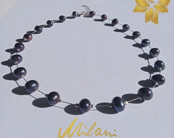 Peacock Pearl necklace, Sterling Silver, Tahitian Pearl necklace, Black Pearl, Real Pearl, Floating necklace, Choker, Floating necklace