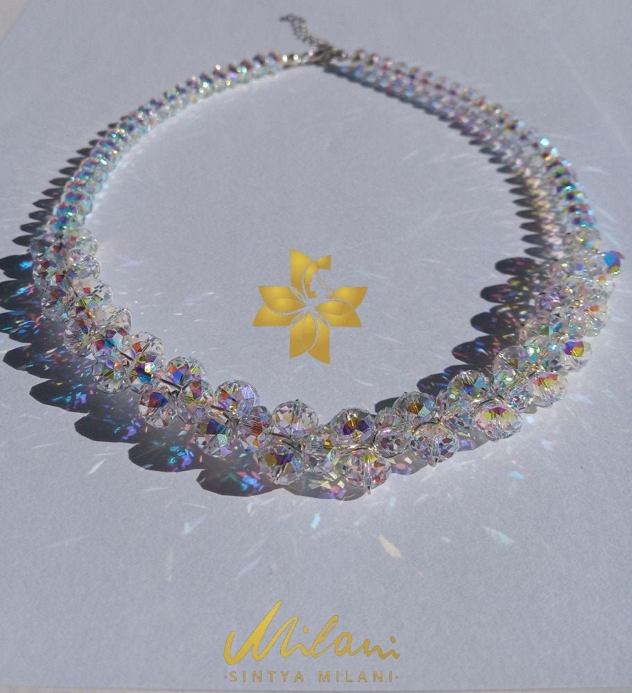 Iridescent Statement Necklace, Aurora Borealis, Swarovski Crystals, 925 Sterling Silver necklace, Hallmarked 925, Fine jewelry, Exceptional