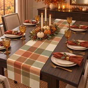 May include: A dining table set for a meal featuring a plaid table runner in shades of orange, green, and cream. The table is arranged with white plates, amber-colored textured glasses, orange cloth napkins with gold rings, and a centerpiece of pumpkins.