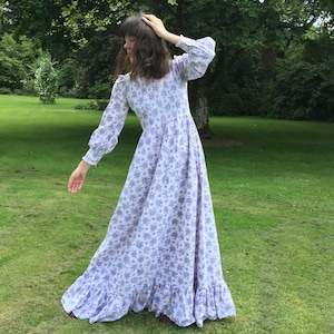 1970s LAURA ASHLEY White Blue Floral Victorian Style Maxi Dress