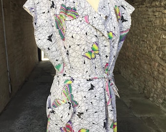 1940年代シアサッカーコットン製バタフライデザインハウスラップドレス