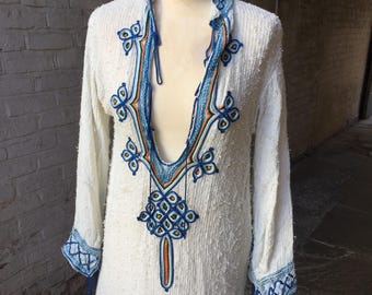 1970年代モロッコ風シュレッドビーチタオル刺繍入りカフタンマキシドレス