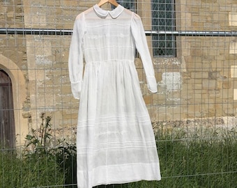 1910s French Antique Hand Embroidered Gauze Lawn Cotton Dress XS