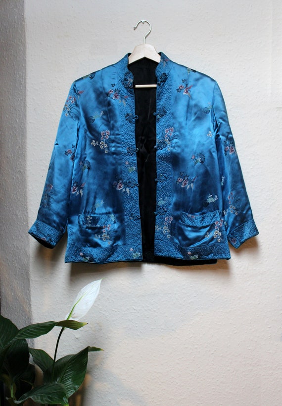 50s Chinese Reversible Blue Black Blossom Silk Man