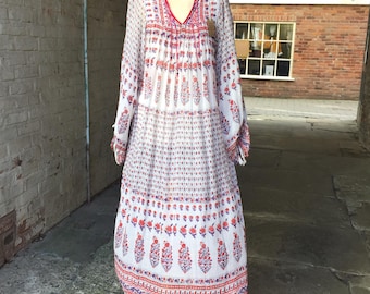 1970年代インド綿ドレス、大きな袖、ミディ丈/マキシ丈