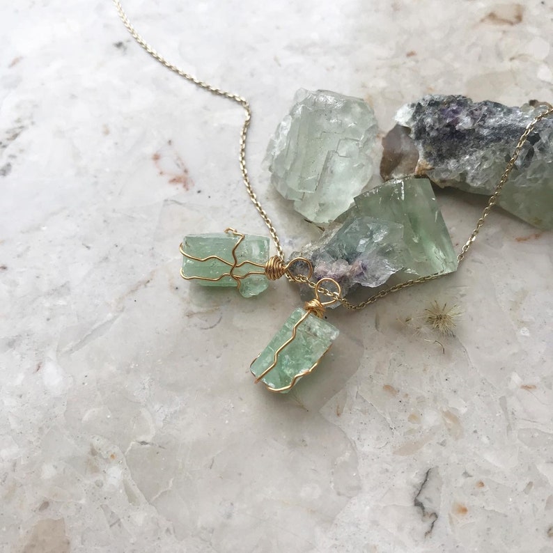 Necklace with raw green calcite stone
