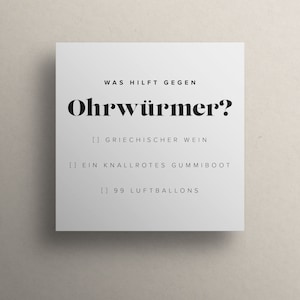 Karte / Postkarte - MOTIV: Ohrwurm, Knallrotes Gummiboot, Griechischer Wein, Briefgeschenk, Grusskarte, Lustig, Humorvoll