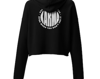 Sweat à capuche court Karma blanc – Sweat à capuche minimaliste avec typographie | Streetwear | T-shirt au design moderne