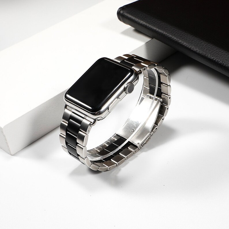 Silver and Black Stainless Steel Apple Watch Band Adjustable Etsy