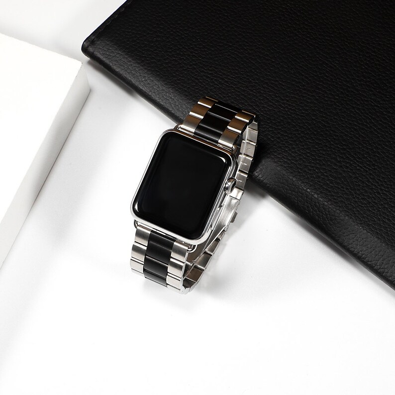 Silver and Black Stainless Steel Apple Watch Band Adjustable Etsy