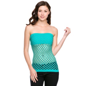 May include: A turquoise blue sleeveless mesh top with a strapless neckline. The top has a diamond-shaped mesh pattern.