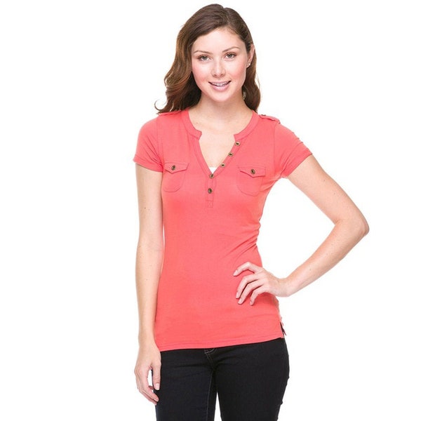 Women's Short Sleeve Shirt Henley Neck Button Front Tshirt, Stretch Cotton with Pockets Basic Cotton Tee