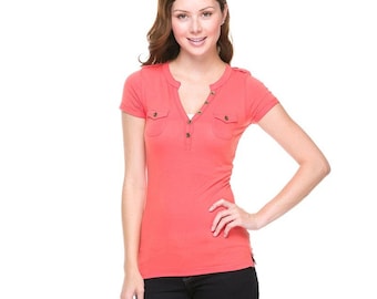 Women's Short Sleeve Shirt Henley Neck Button Front Tshirt, Stretch Cotton with Pockets Basic Cotton Tee