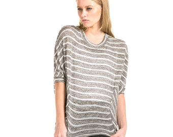 Vtg 60s Women's Striped Dolman 1/2 Sleeve, Summer Sweatshirt Shirt Heather Grey