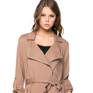 Women’s Lightweight Belted Trench Coat Mid-Length Jacket with Roll-Up Cuff Sleeves, Zip Pocket Detail