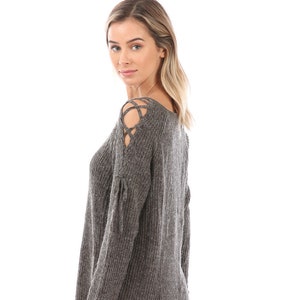 Lace Up Shoulder Sweater, Pullover Cozy Loose Fit Knit Sweater, Comfortable Gift For Mom
