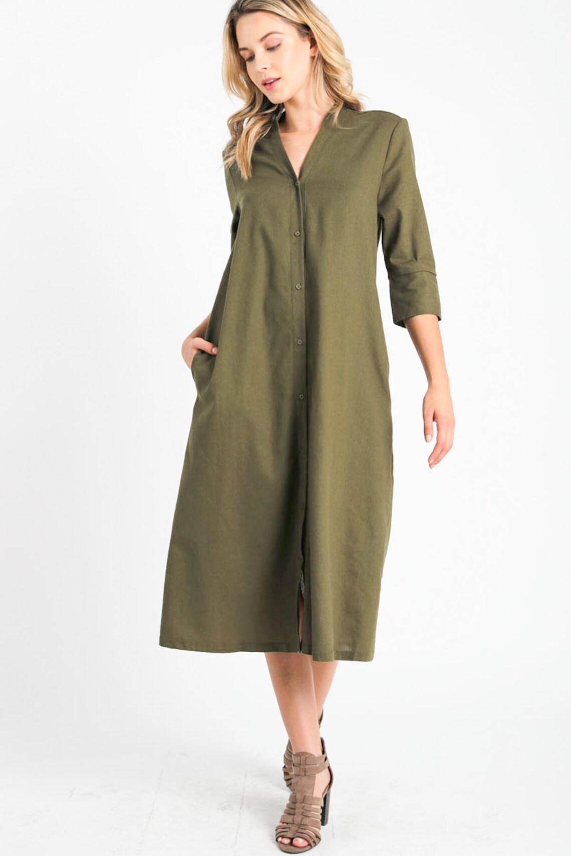 Linen Button Down Midi Shirt Dress Etsy