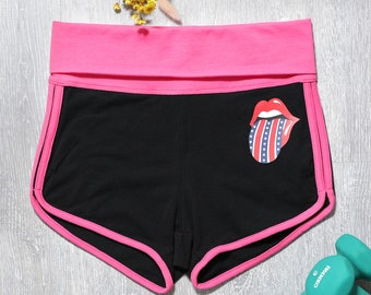 Womens Dolphin Workout Shorts, Rolling Lips Graphic Print, Yoga Lounge Shorts