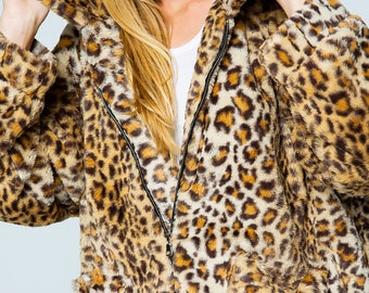 Leopard Pattern Zip up Fur Jacket - Etsy