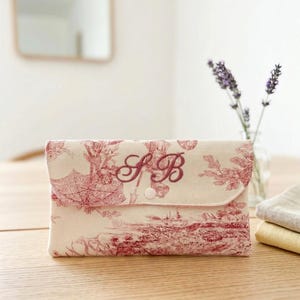 Small slim envelope pouch in toile de Jouy, with snap flap, personalised with an embroidered name, perfect for handbag organisation
