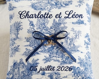 Personalized toile de Jouy ring bearer pillow, embroidered wedding ring cushion with names & date, french country wedding,custom ring pillow