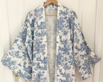 kimono jacket toile de jouy, cozy kimono robe, bride cotton kimono, cotton dressing gown robe, gift for her