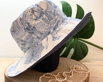 Soft wide brim sun hat in French Toile de Jouy for adults - Optimal sun protection