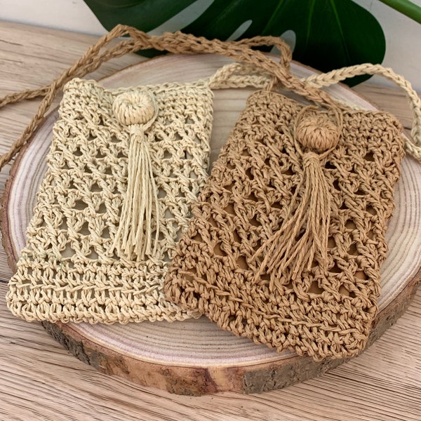 Pochette étui pour téléphone en raphia crocheté, petit sac vintage à bandoulière en raphia