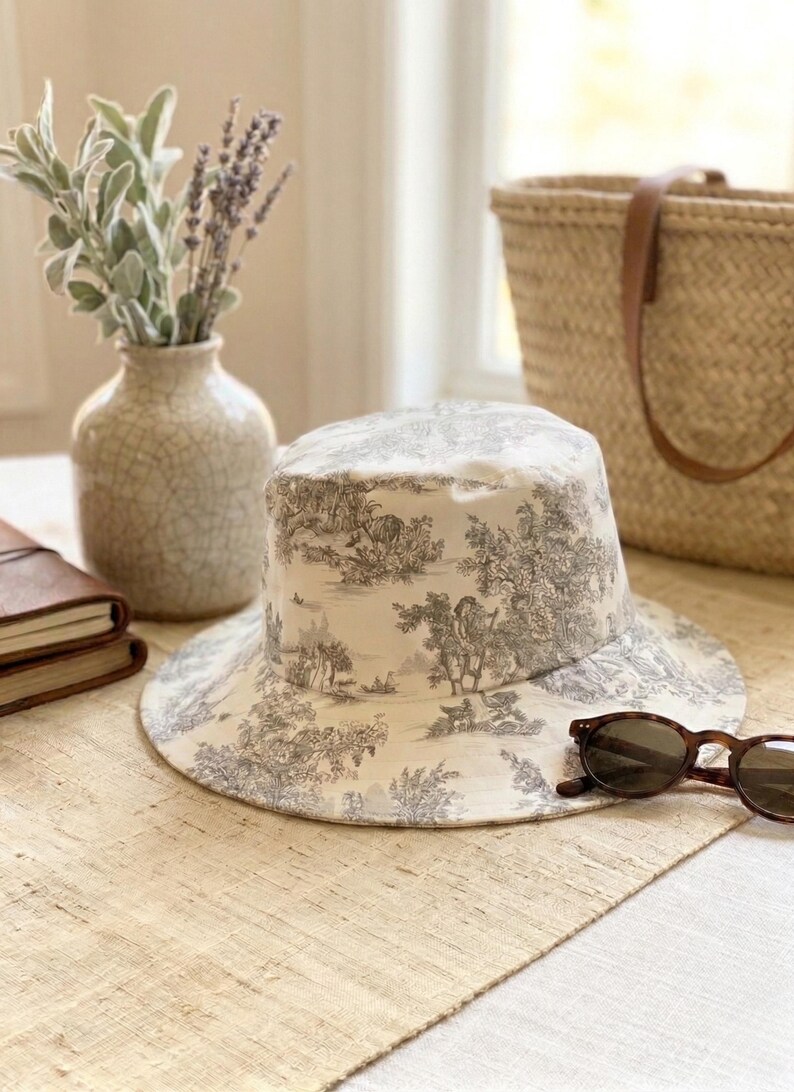 May include: A wide-brimmed hat with a cream and gray toile pattern, resting on a neutral-toned table runner. Tortoiseshell sunglasses are placed near the hat. A vase with greenery and a woven tote bag are in the background.