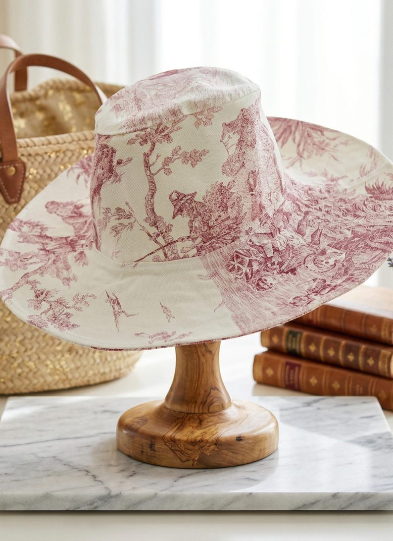 May include: A wide-brimmed hat with a cream-colored background and a burgundy toile pattern depicting a pastoral scene. The hat is displayed on a wooden hat stand. A straw bag and books are in the background.