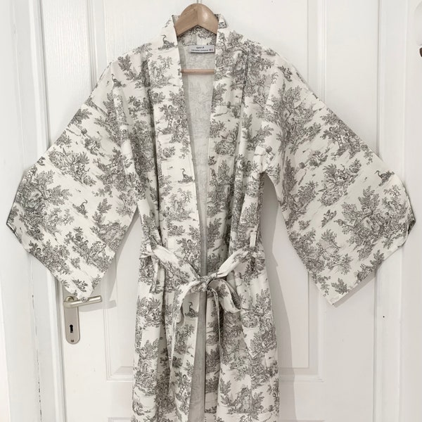 kimono en toile de jouy, veste kimono femme fait à la main, kimono vintage en coton, robe de chambre en coton, cadeau pour elle