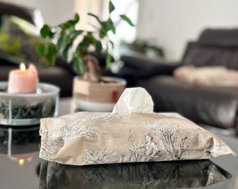 Personalized toile de Jouy tissue box cover, french country cotton tissue holder, custom embroidered home decor, cottagecore gift, 15 colors