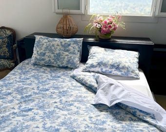Parure de lit en toile de jouy, draps de lit, housse de couette, taies d'oreillers, parure housse de couette, cadeau pour elle