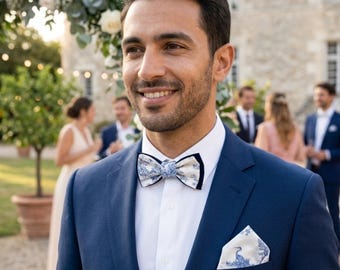 Toile de Jouy bow tie and pocket square set for men and boys, french country chic wedding accessories, adjustable pre-tied ceremony bow tie
