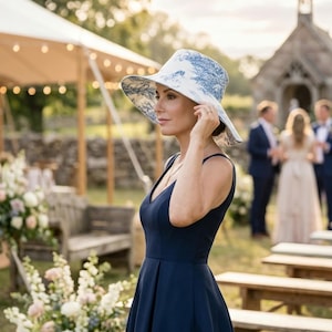 May include: A woman wearing a navy blue dress and a wide-brimmed hat with a blue and white floral pattern. The hat is the focal point, complementing the dress. The scene is outdoors, possibly at a wedding, with a church in the background.