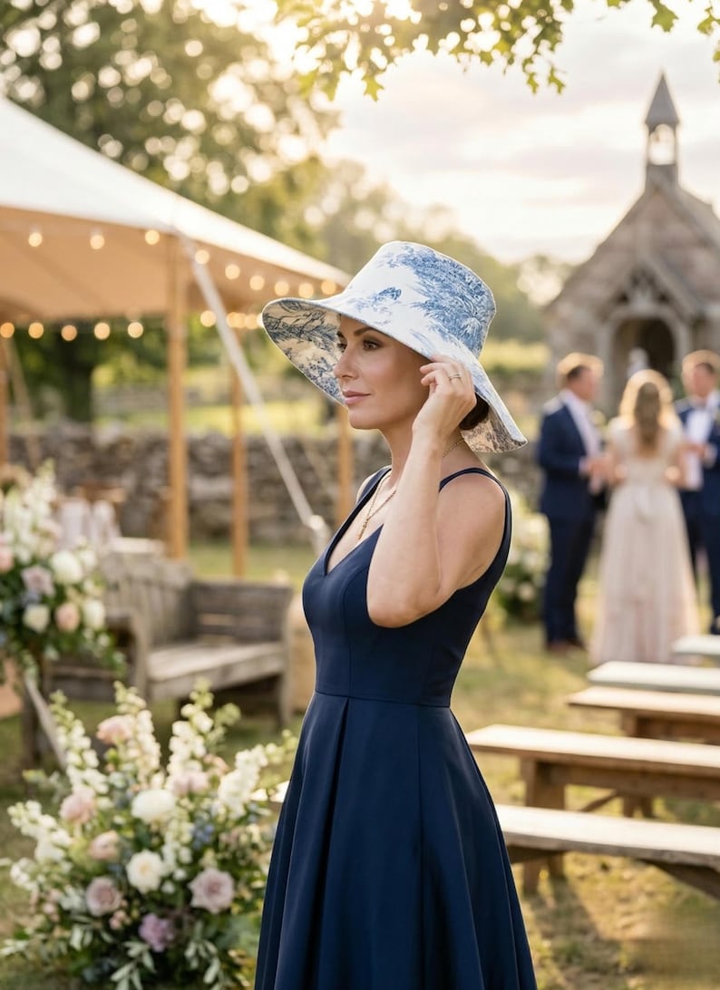May include: A woman wearing a navy blue dress and a wide-brimmed hat with a blue and white floral pattern. The hat is the focal point, complementing the dress. The scene is outdoors, possibly at a wedding, with a church in the background.